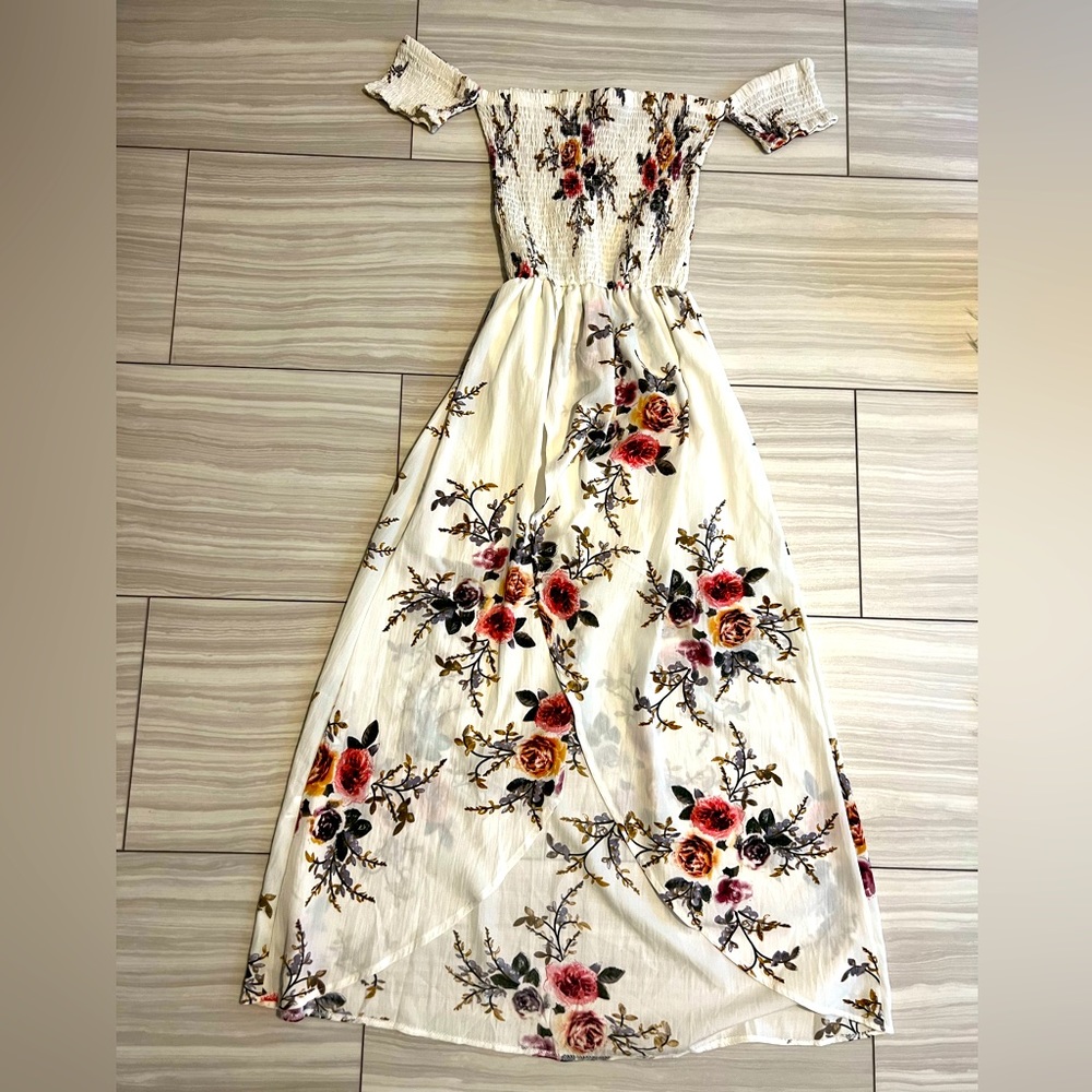 Floral print smocked dress.